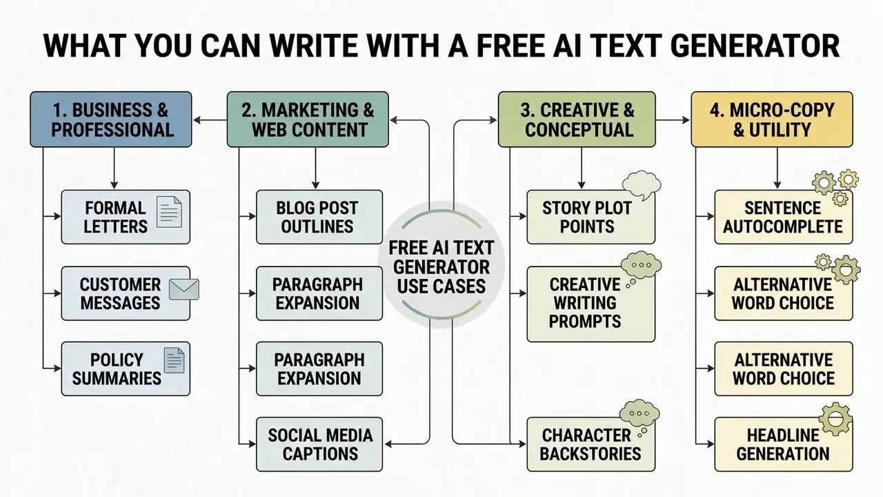 Categorized list showing professional, marketing, creative, and utility use cases for AI text generation