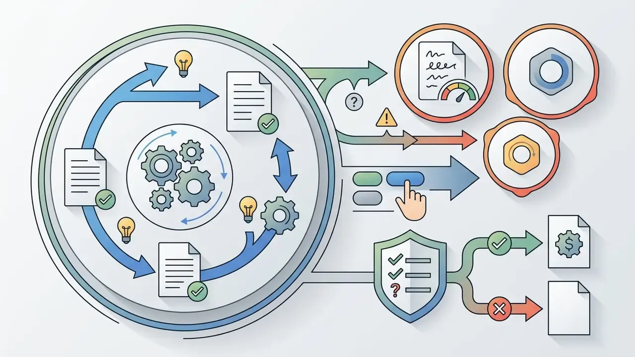 Gears processing documents and lightbulbs into a shield icon that branches into approved or denied assets