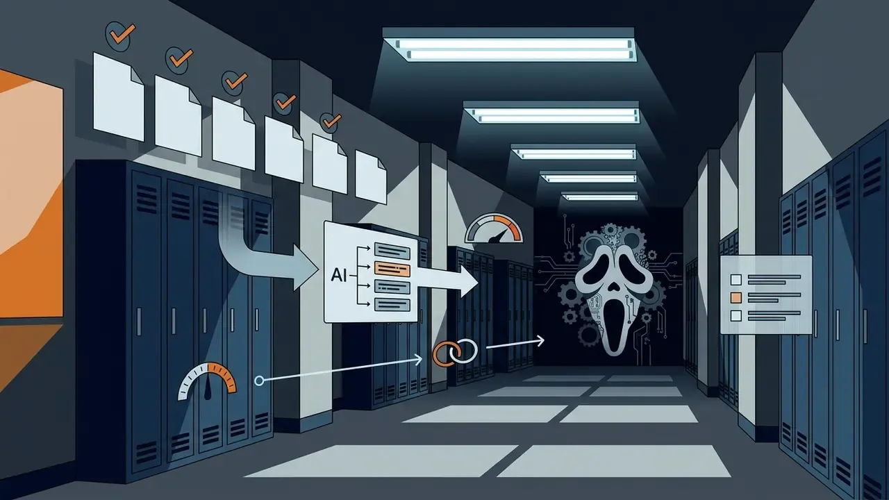 Dark school hallway with lockers, a white mask icon, and data processing charts with speed gauges