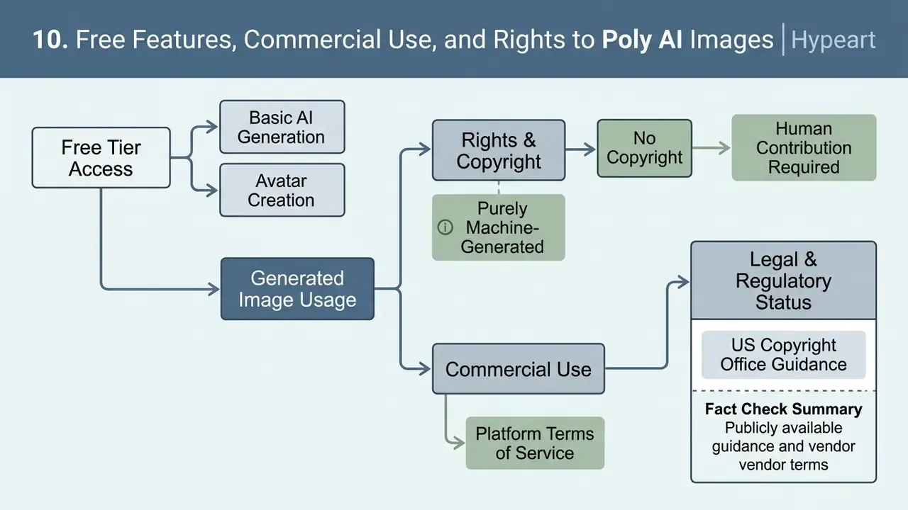 Flowchart outlining copyright and commercial usage rules for Poly AI images based on legal guidance