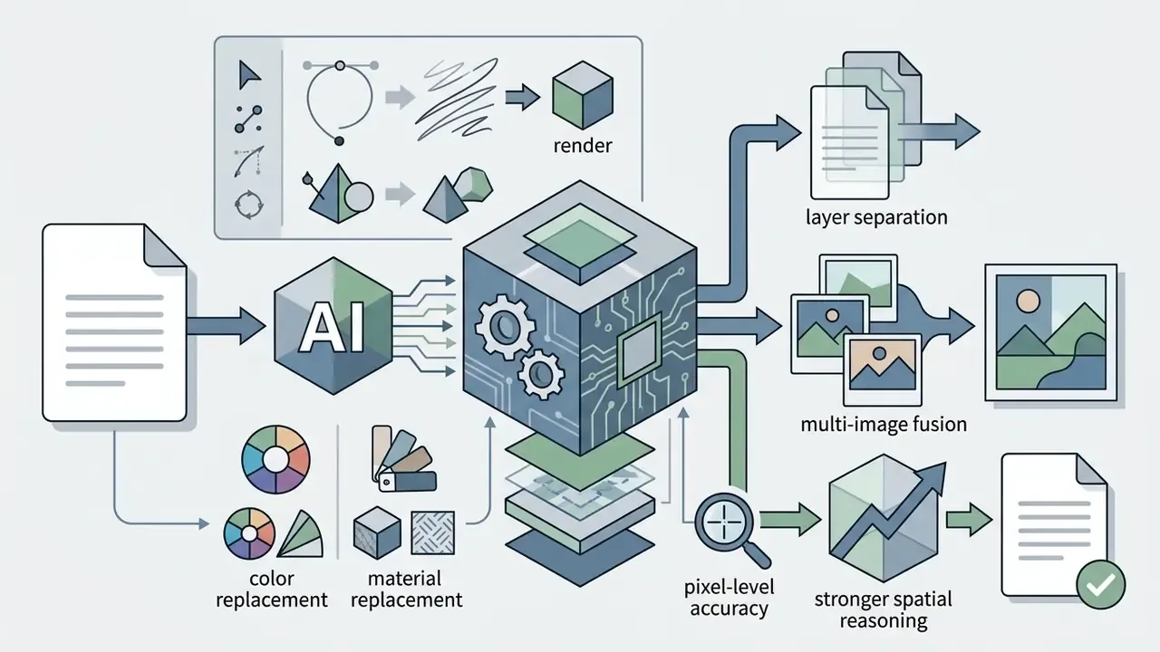 Central processing cube showing inputs for sketch rendering, color, and material replacement tasks