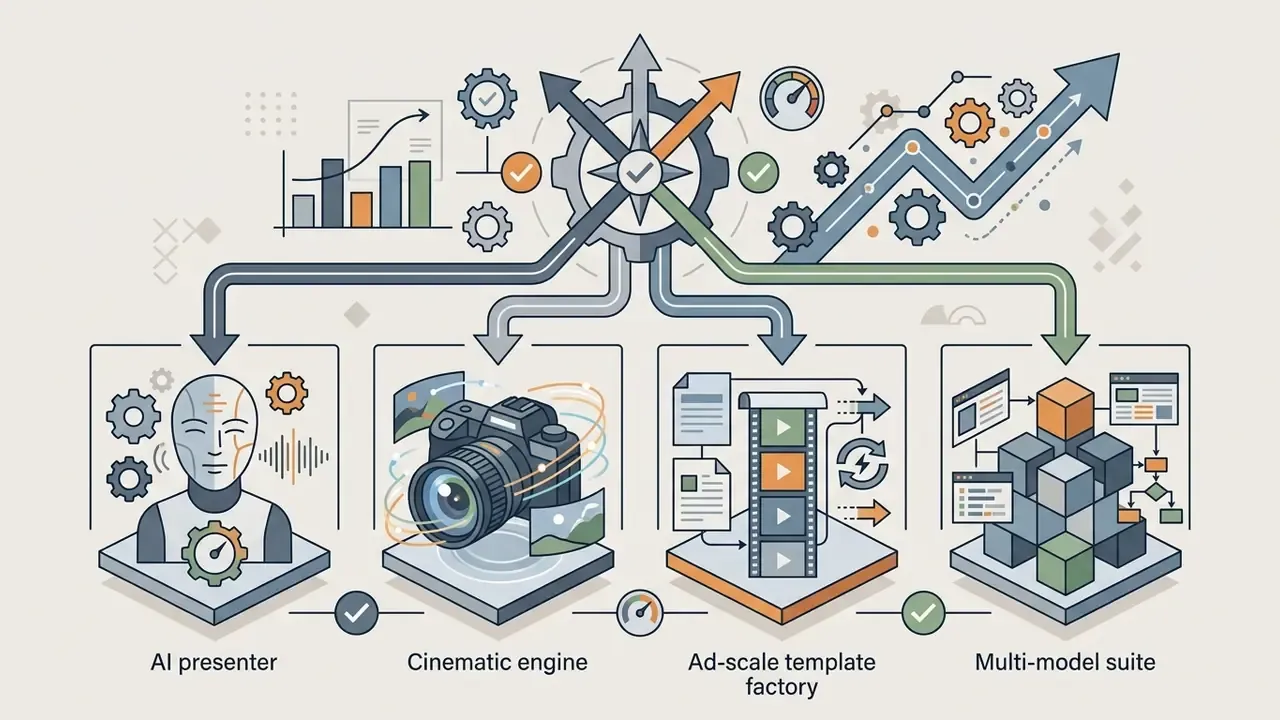 Central gear icon branching into four distinct AI video platform categories with icons and flow lines