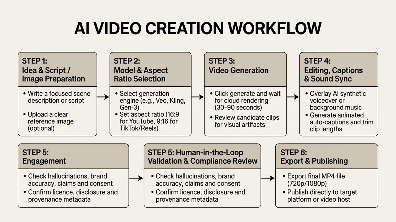 Six-step flowchart detailing the sequential process for producing content with an AI video generator
