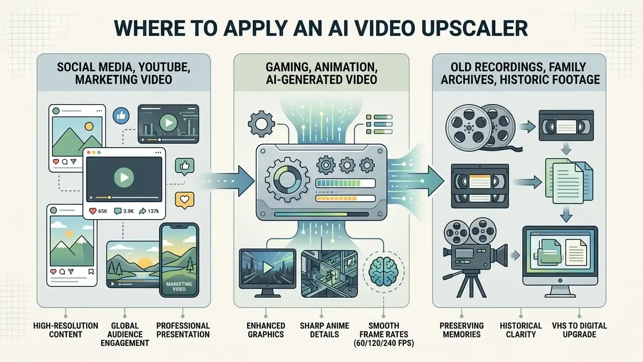Infographic showing three categories for applying AI video upscaling to social media, gaming, and archives