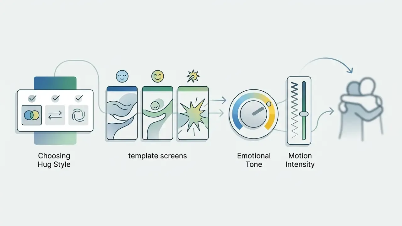 Selection of hug animation templates followed by adjustable emotional tone and motion intensity settings