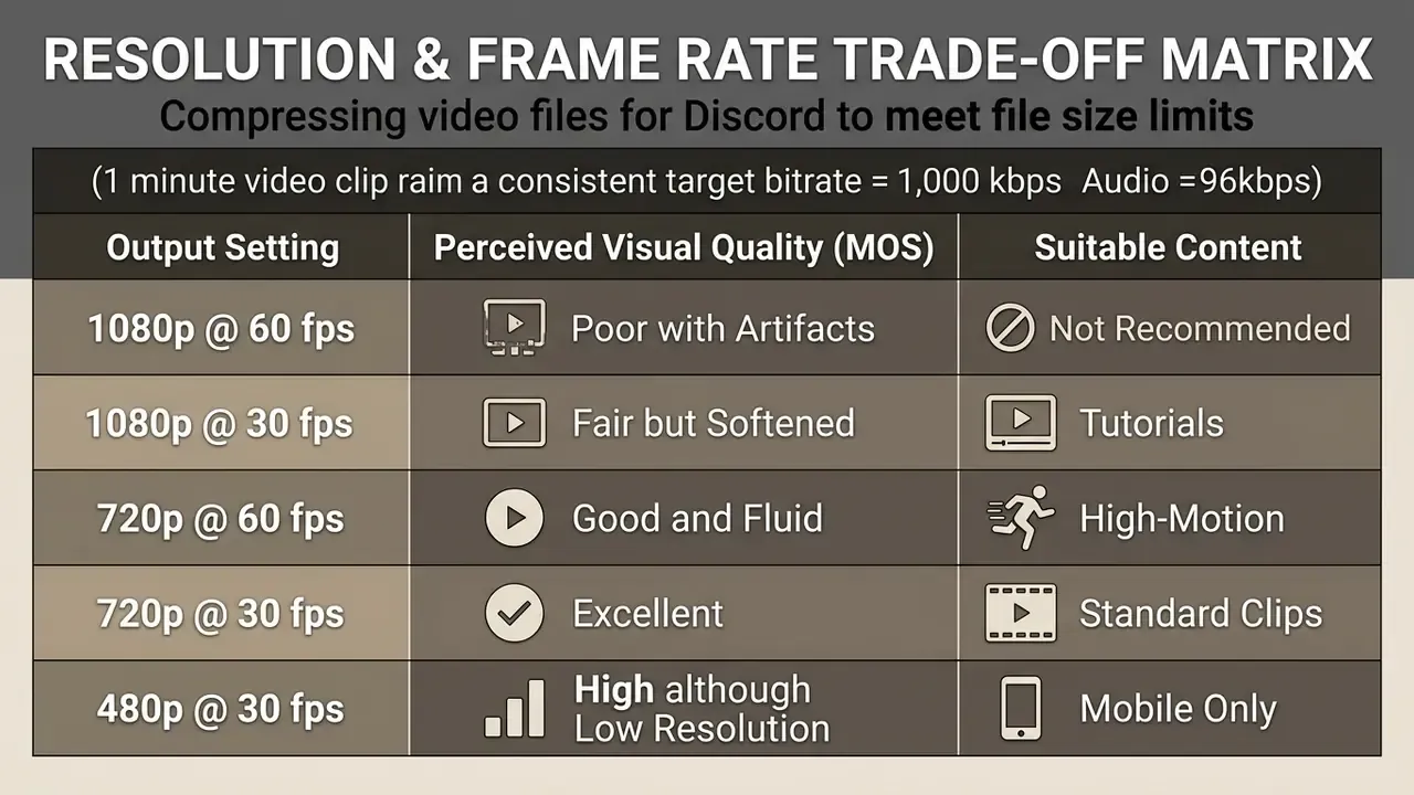 Comparison table displaying video quality and suitability for various resolution and frame rate settings