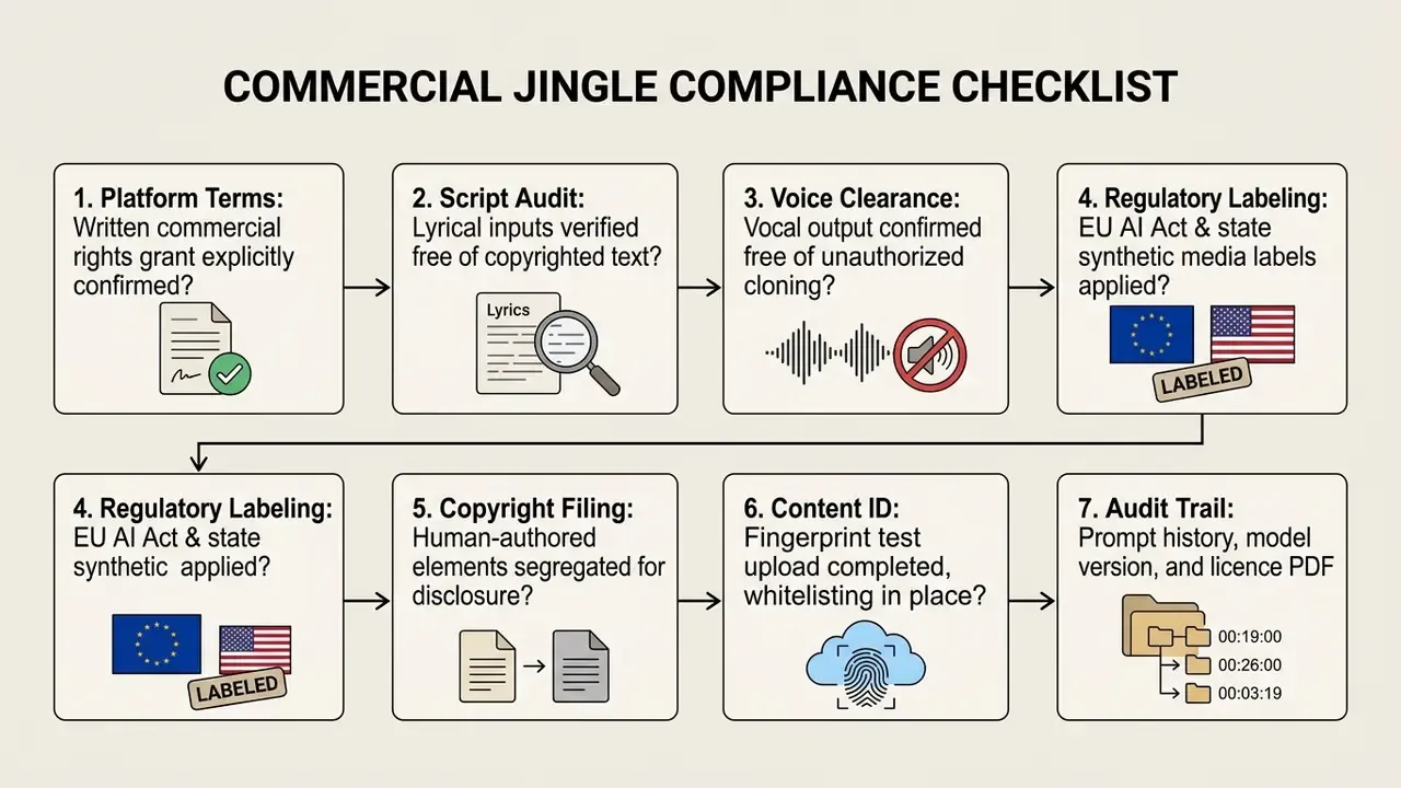 Seven-step flowchart outlining legal and regulatory compliance requirements for musical audio production