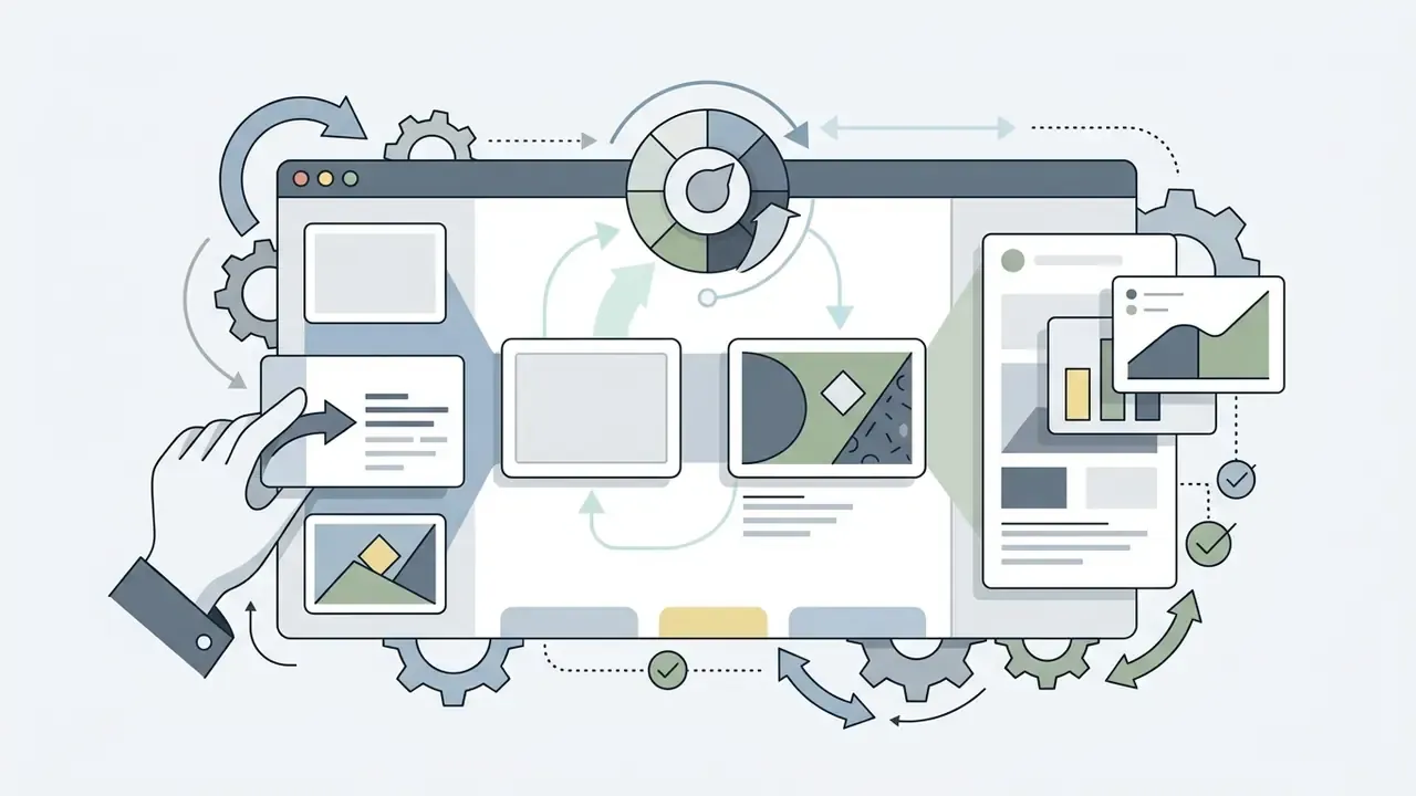 Hand moving content tiles into a workspace to refine layouts and add visual data elements