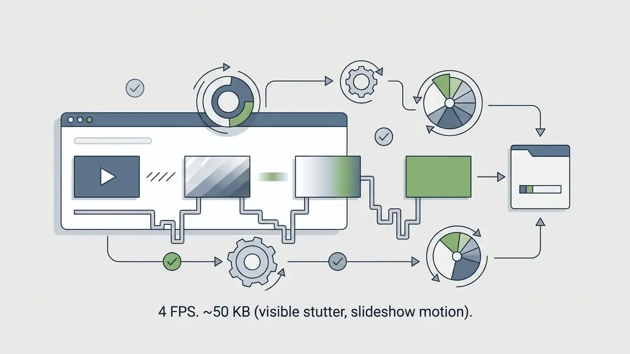 Diagram showing a video to GIF online process with low frame rate settings resulting in stuttered motion