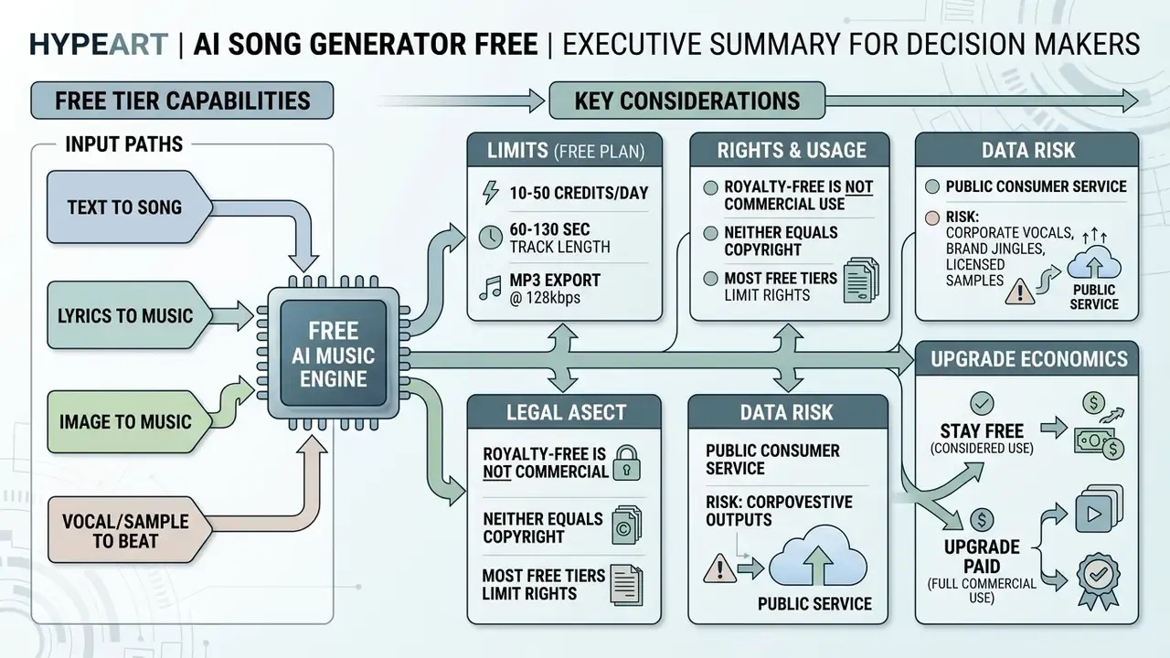 Infographic showing input paths, usage limits, legal rights, and data risks for a free AI song generator
