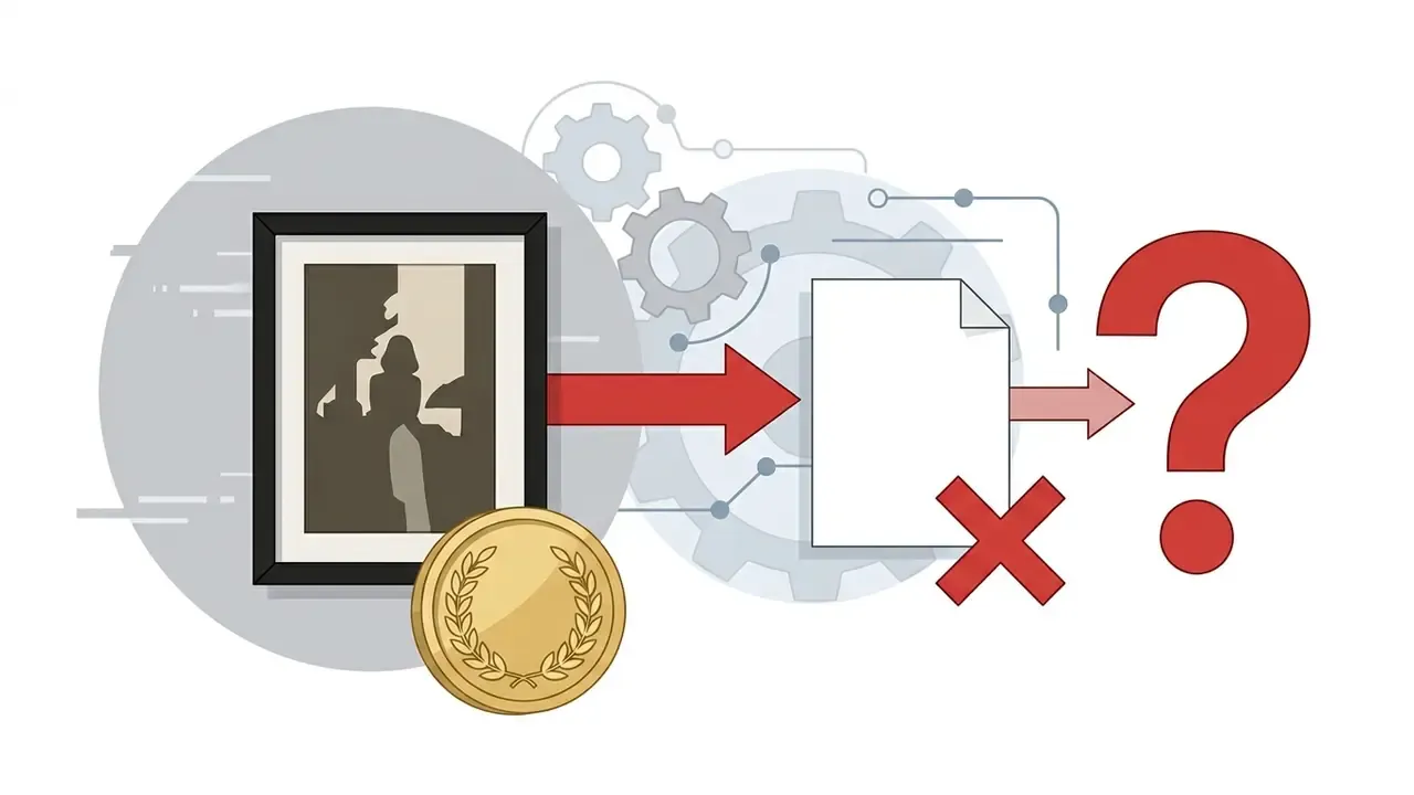 Framed photo and award medal pointing to a document with a red cross and a large question mark