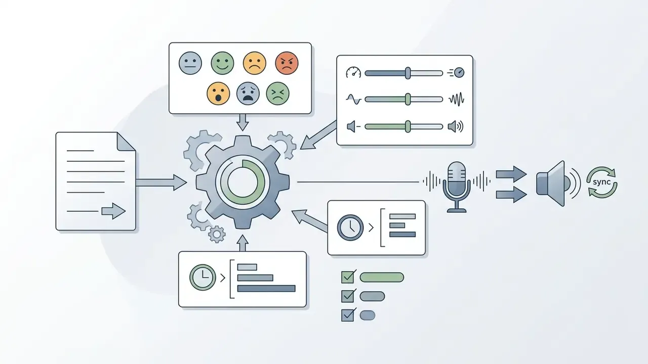 Central gear icon connected to controls for emotion, speed, pitch, volume, and timing for audio generation