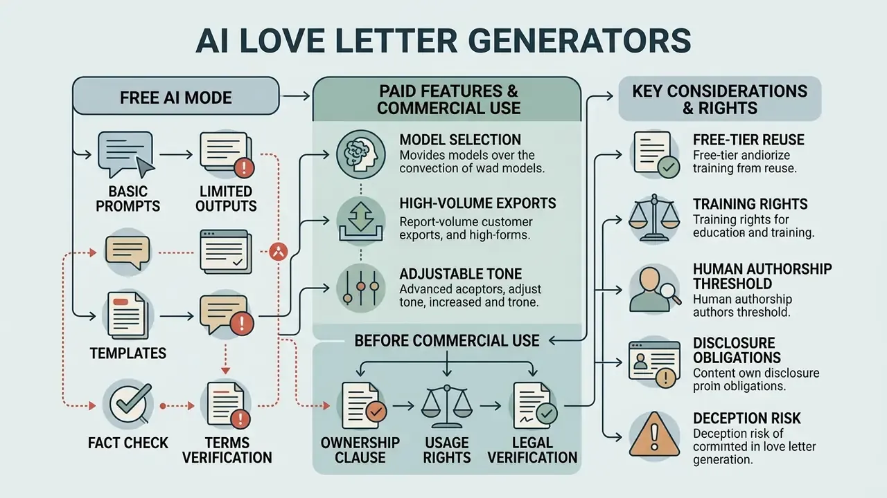 Infographic comparing free modes, paid commercial features, and legal rights for automated text generation