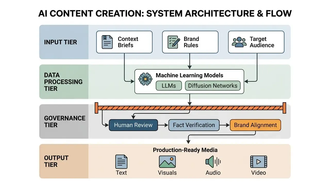 Flowchart showing AI content creation moving through input, processing, governance, and output stages