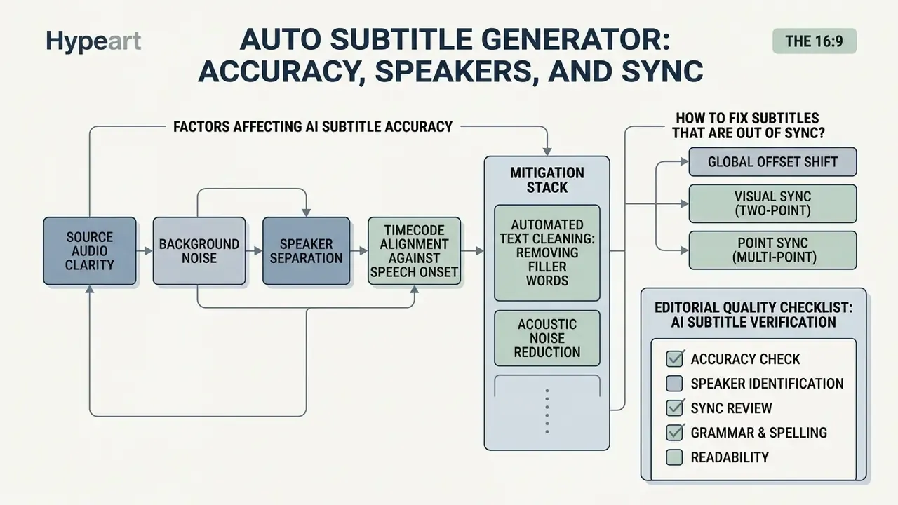 Flowchart detailing factors affecting AI subtitle accuracy and methods to resolve synchronization issues