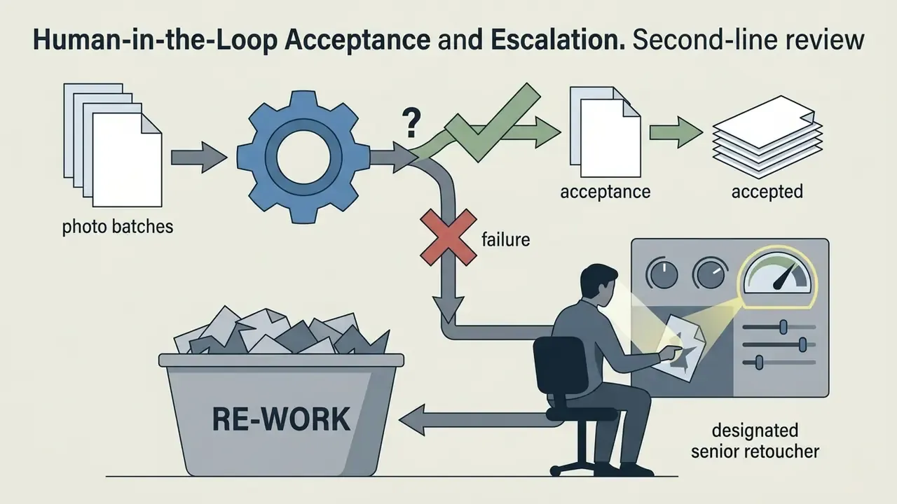 Workflow showing photo batches passing through a gear to either acceptance or manual senior retoucher review