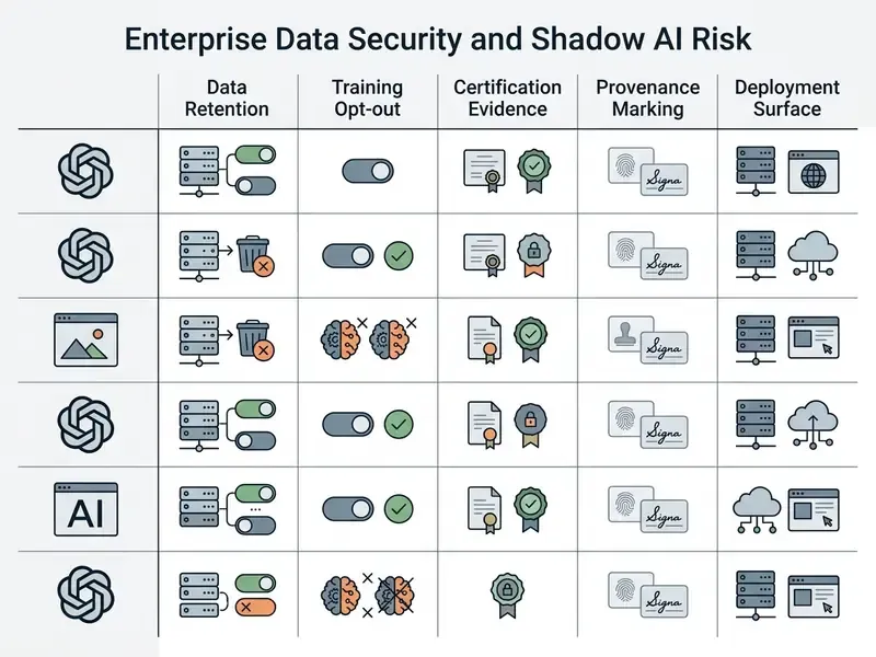Comparison table evaluating various AI platforms across data retention, training opt-out, and security