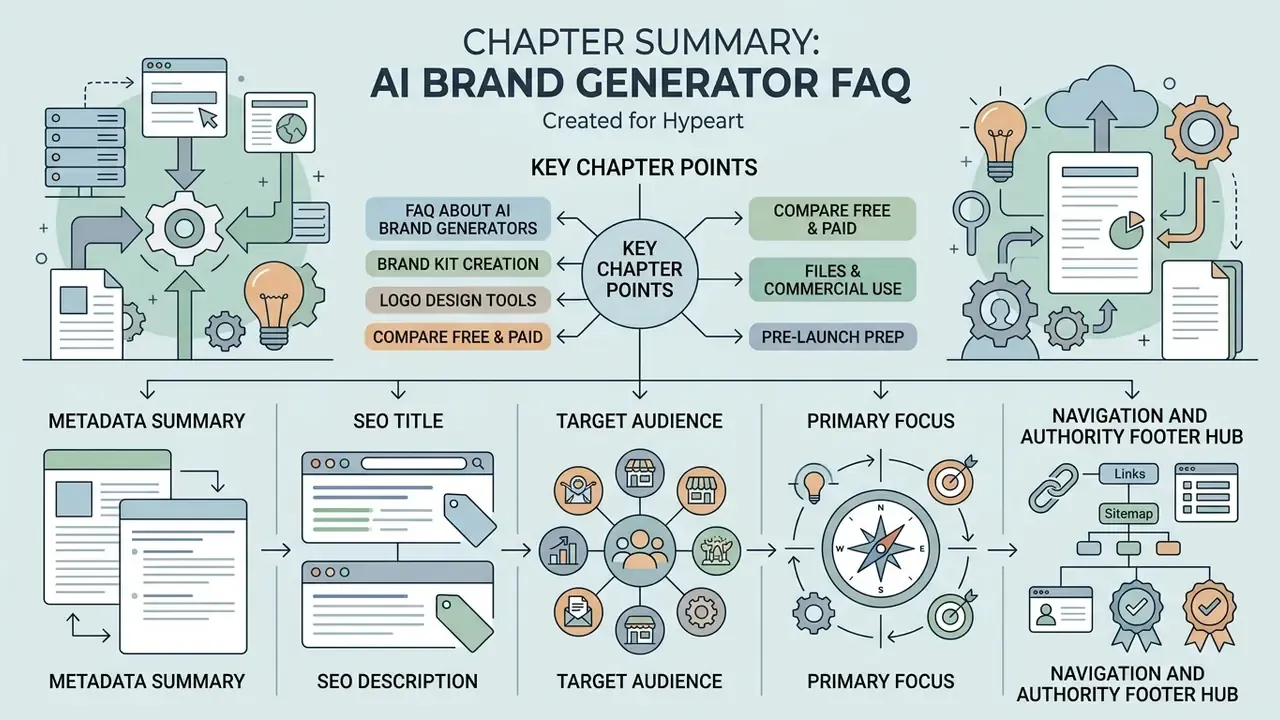 Summary infographic displaying metadata, SEO elements, target audience, primary focus, and navigation hubs