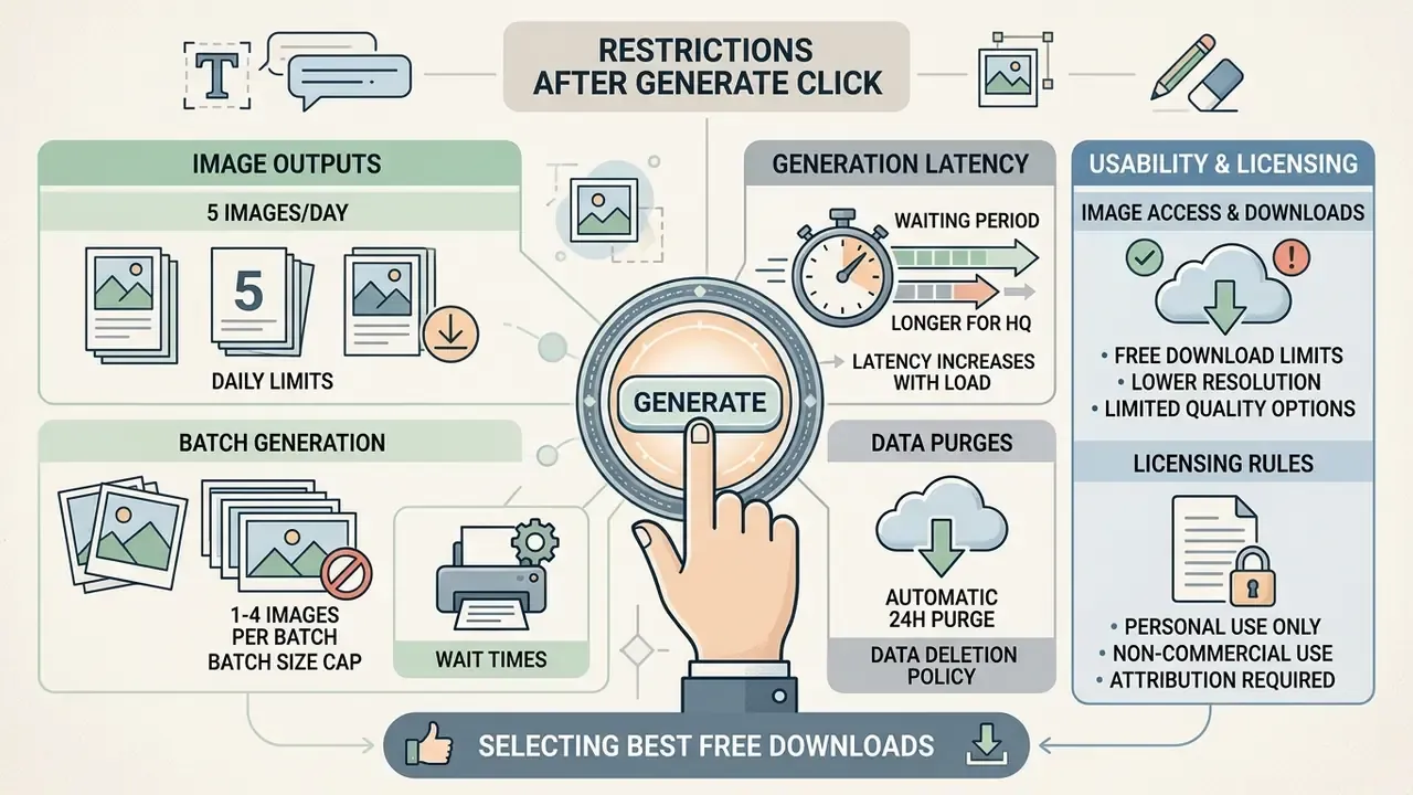 Infographic showing limitations on image outputs, generation latency, and licensing for free AI tools