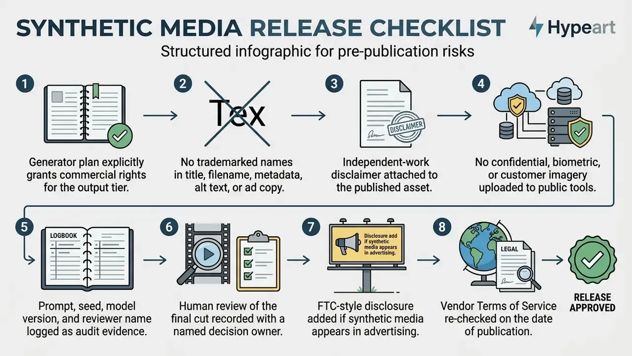 Flowchart showing eight numbered steps for safely publishing AI generated media assets