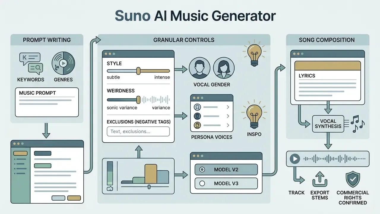 Step by step visual guide showing prompt writing, granular audio controls, and final song composition