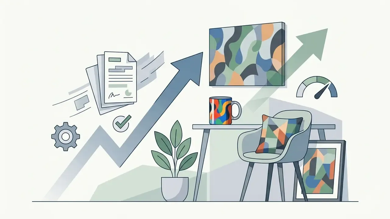 Upward arrow showing business growth with printed merchandise displayed in a modern home office setting