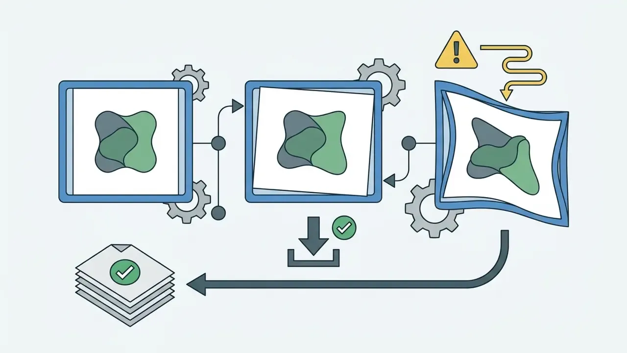 Sequence of frames showing image degradation and a download icon for the last stable version
