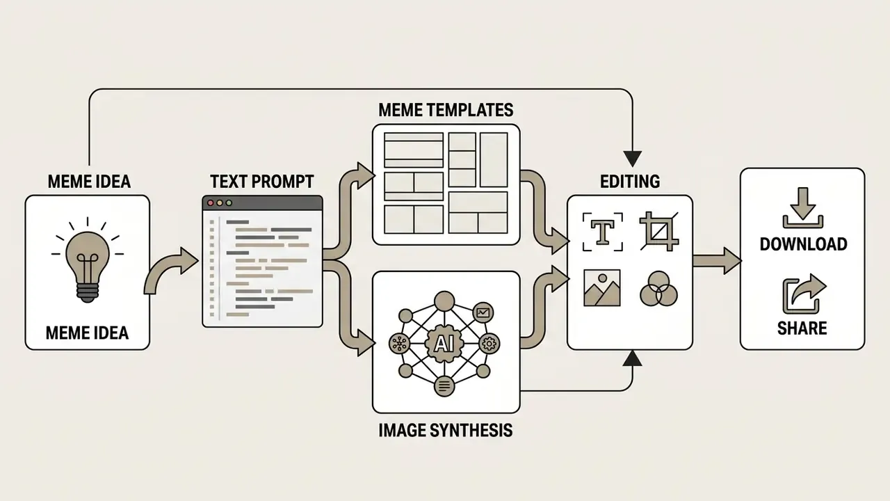 Diagram showing the workflow from a meme idea to text prompts, template selection, editing, and sharing