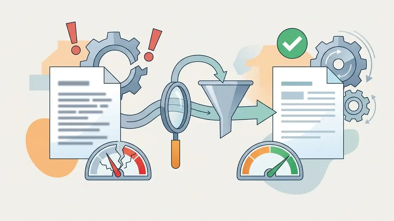 Document being filtered through a magnifying glass and funnel to improve speed gauge performance