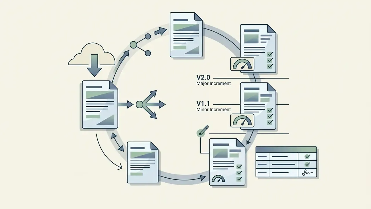 Circular workflow showing document versioning with major and minor increments and approval logs