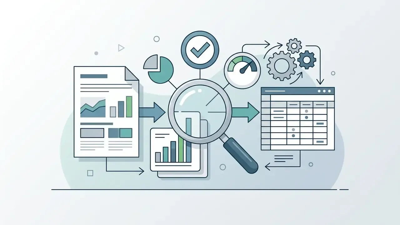 Magnifying glass inspecting financial documents and data tables with checkmark and gear icons