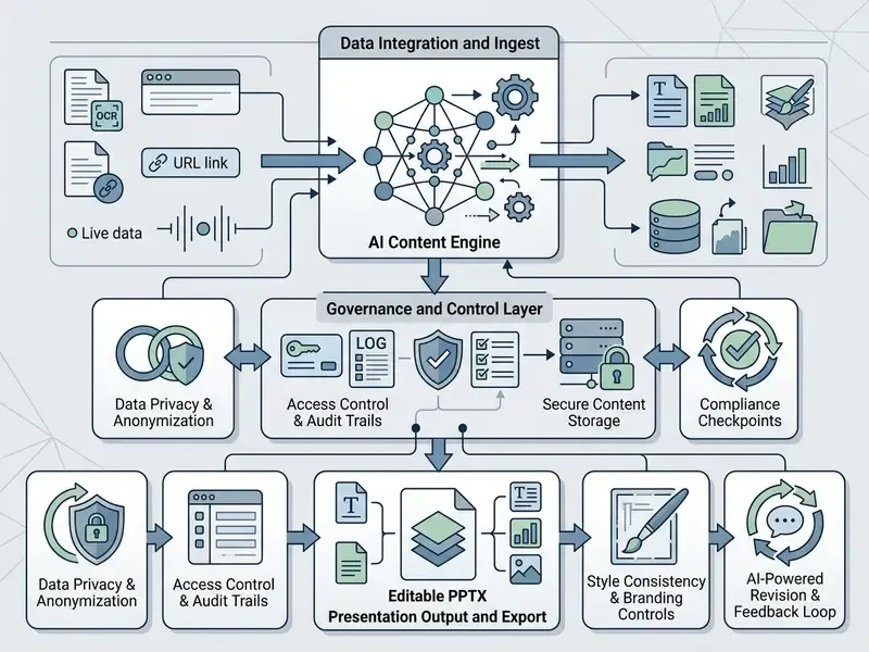 System architecture showing data ingestion, AI processing, governance controls, and presentation output