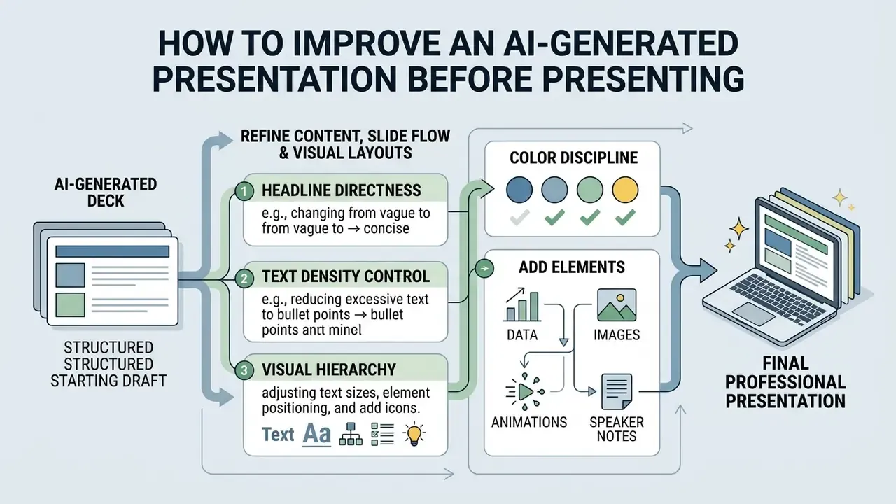 Diagram outlining steps to refine an AI-generated draft into a polished final presentation