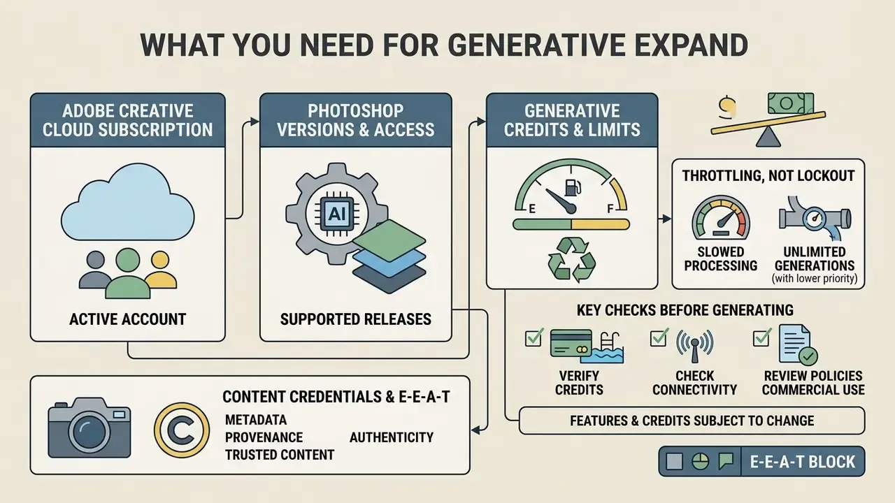 Summary infographic detailing subscription, software version, and credit requirements for Generative Expand