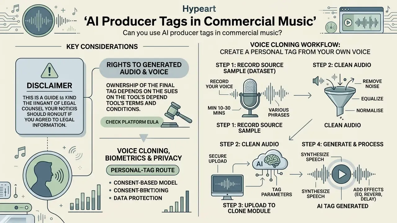 Infographic summarizing legal considerations and the four-step workflow for creating an AI producer tag