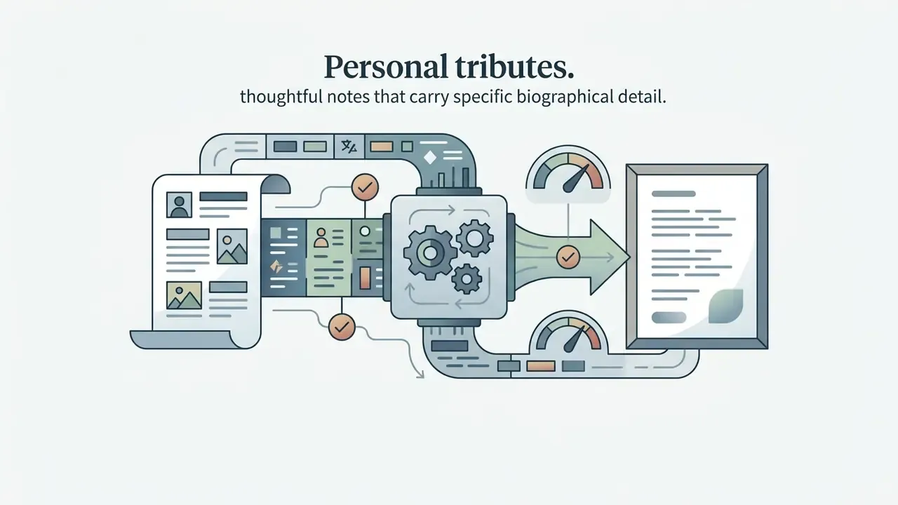 Biographical data and notes moving through a gear mechanism to be refined into a final written tribute