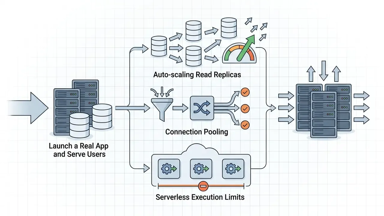 Infrastructure components branching into read replicas, connection pooling, and serverless execution units