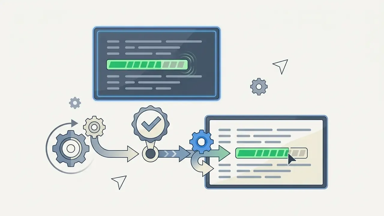 Gear icons connecting two computer screens with progress bars to represent how to edit text in jpeg image