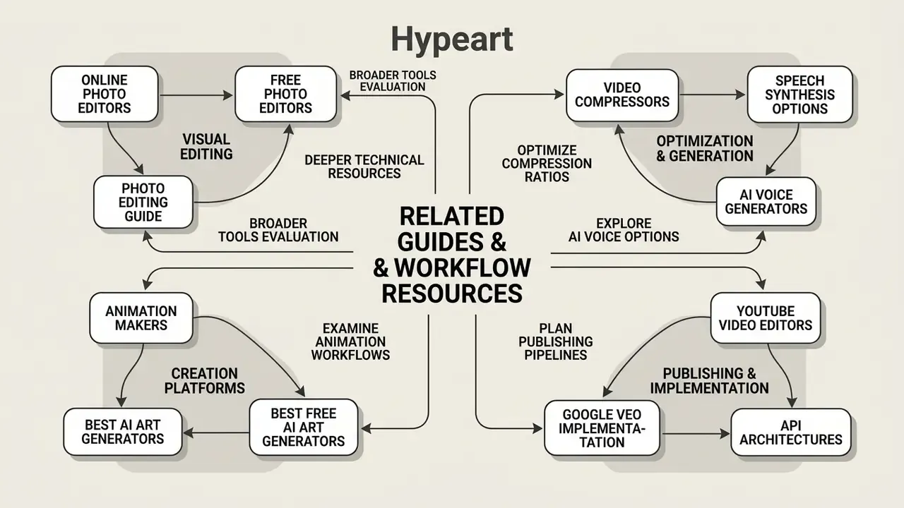 Map of interconnected technical content categories for digital media creation and workflow optimization