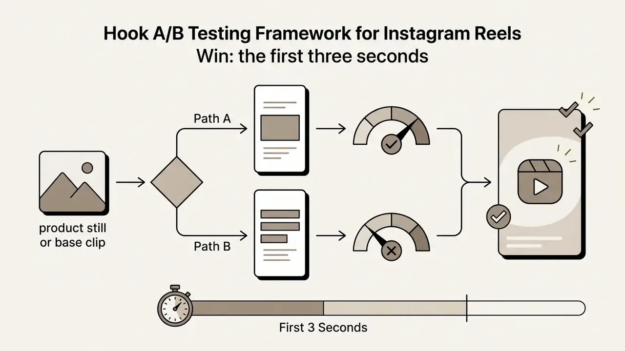 Single asset branching into two test paths with performance gauges leading to a final video output