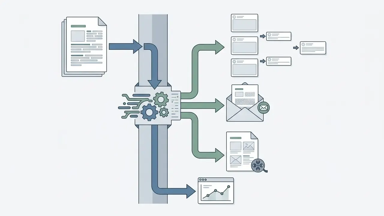 Blog post data feeding into a processing hub that distributes content to social media and newsletters