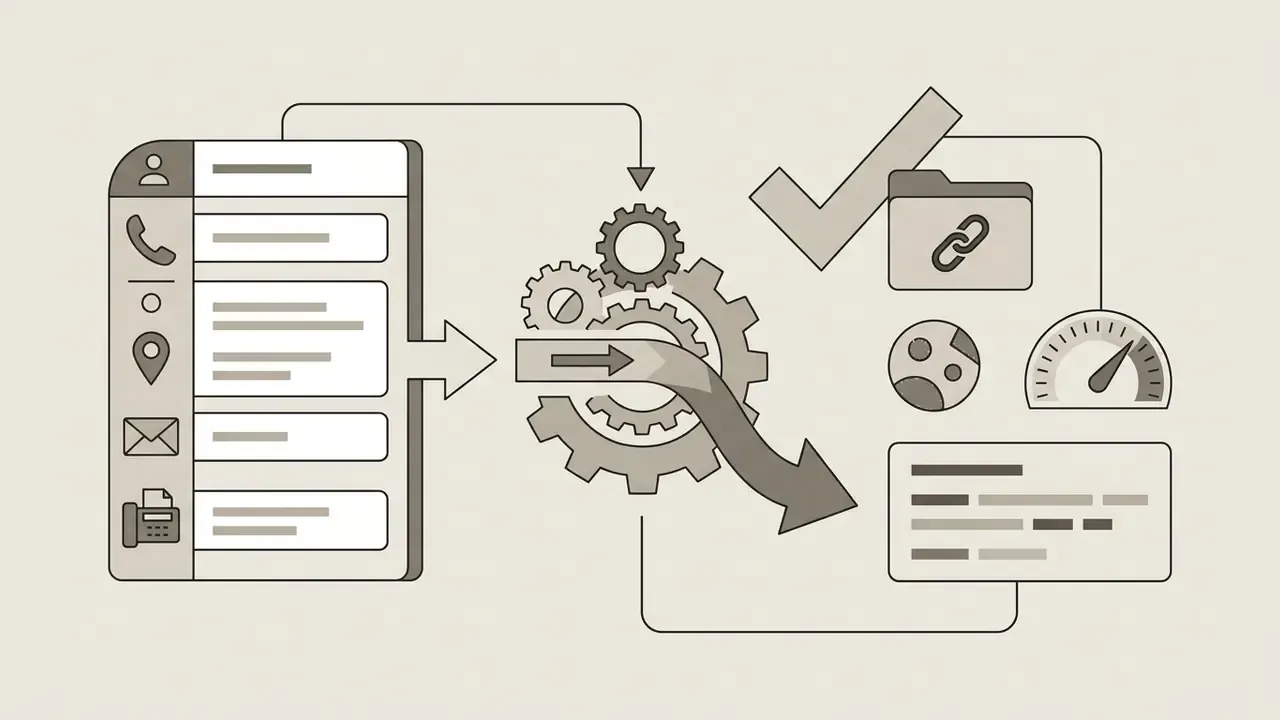 Contact form data moving through a gear mechanism to generate links and performance metrics
