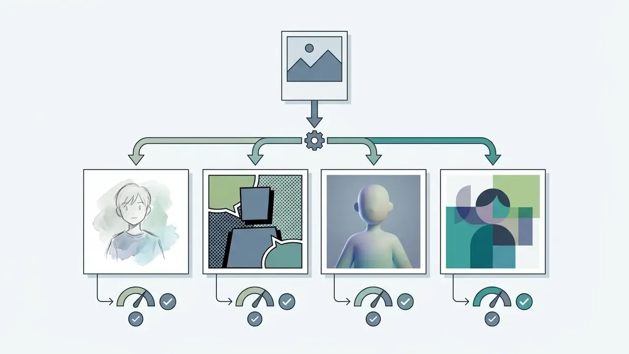 Single source image branching into four distinct artistic style presets with individual quality gauges