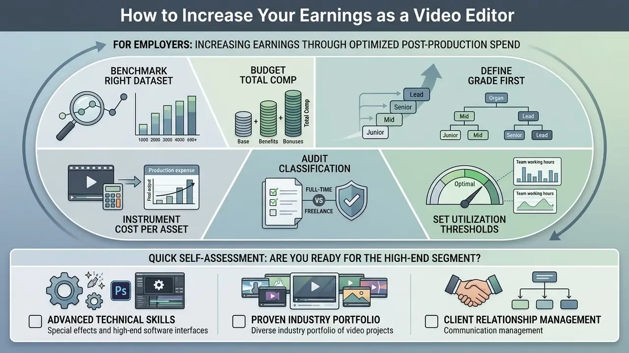 Cycle diagram of employer post-production strategies and a checklist for video editor career advancement