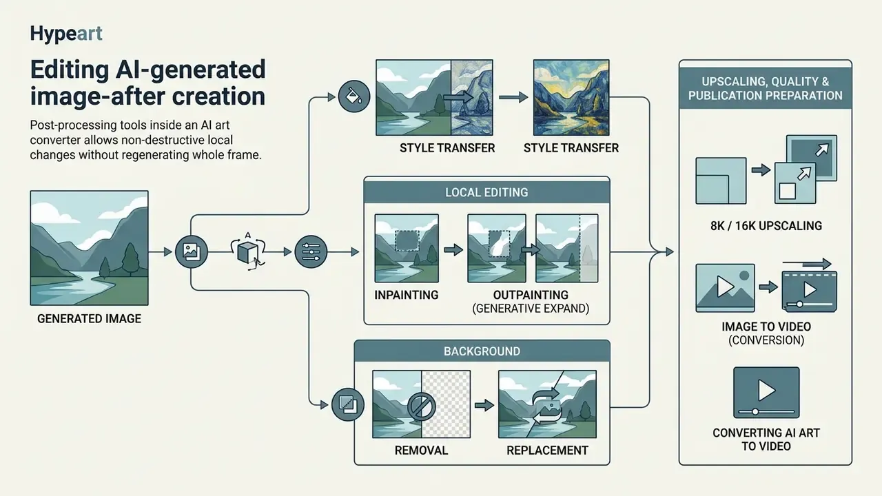 Diagram showing post-processing steps like style transfer, local editing, background changes, and upscaling