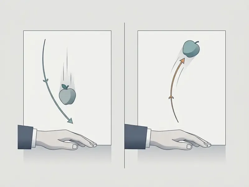 Split view showing an apple falling toward a hand and then flying upward away from it