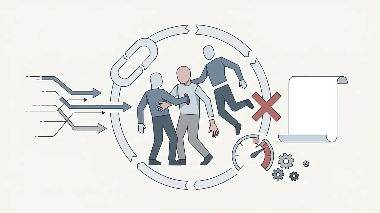 Three stylized figures interacting in a circular frame with a red X and a gauge indicating a failure