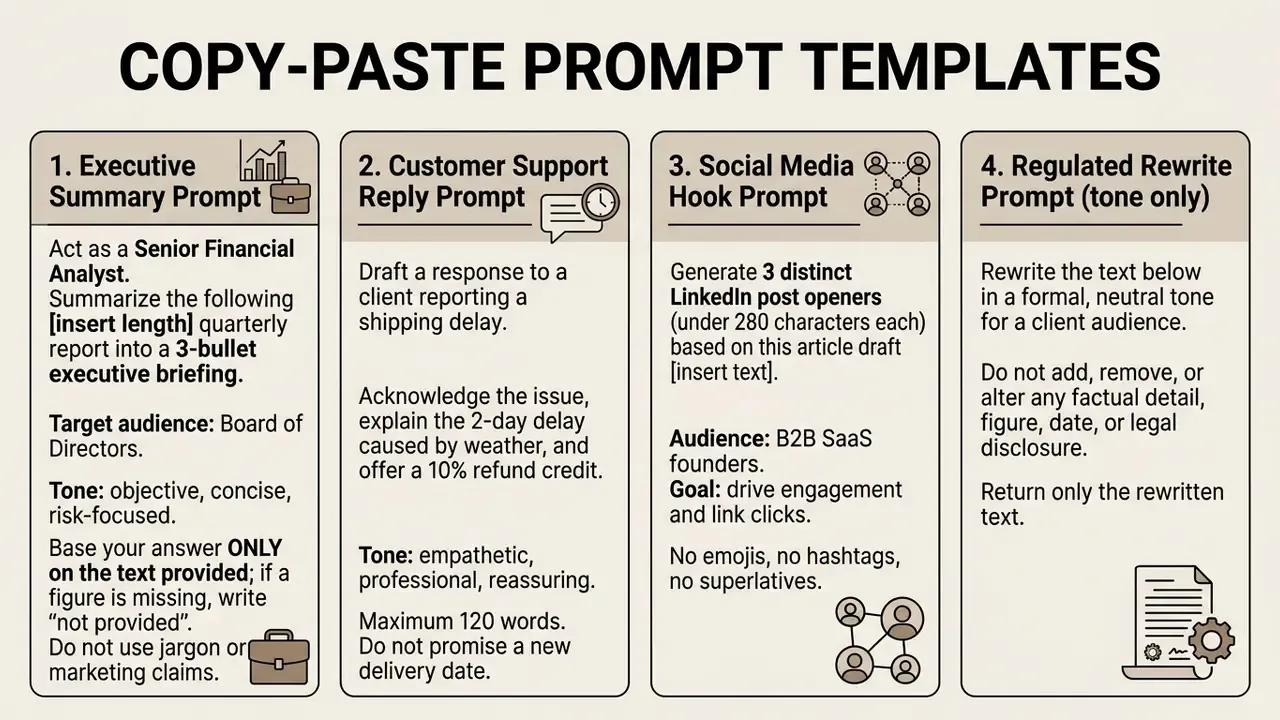 Four distinct text prompt examples for business tasks arranged in a horizontal layout