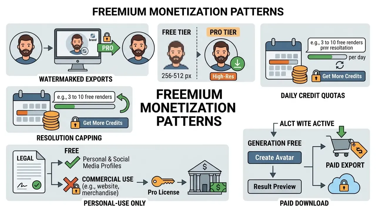 Visual guide outlining five common freemium business models for digital character generation software