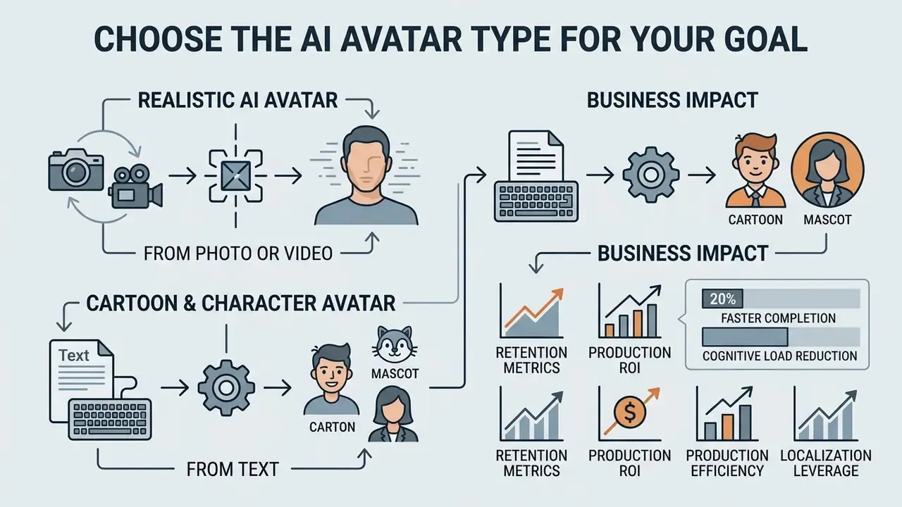 Flowchart comparing realistic photo-based avatars with text-generated cartoon characters and business metrics